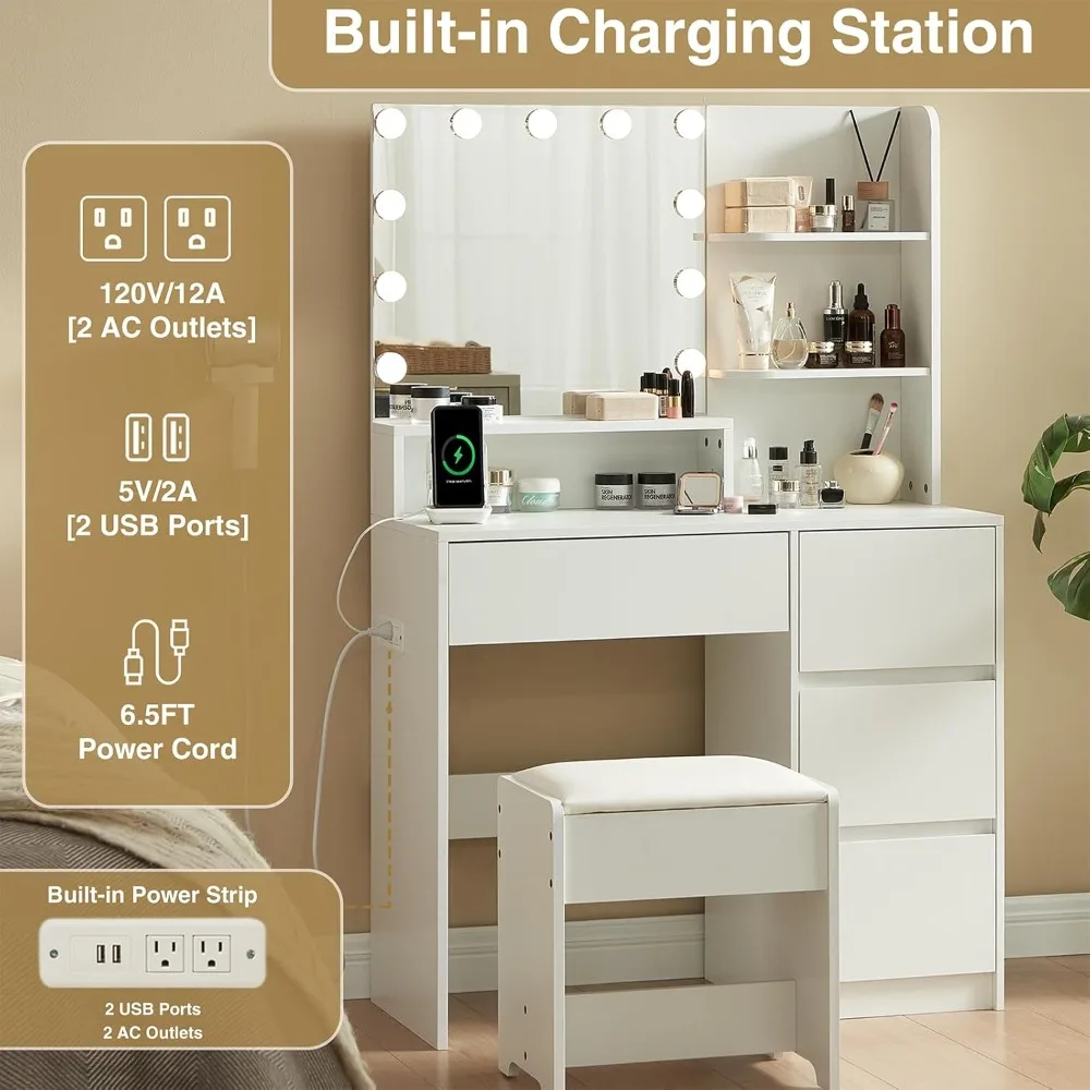 Meja Rias Rias dengan Cermin dan Lampu - Set Meja Rias Kecil dengan 4 Laci, Stopkontak, Port USB, Bangku, Meja Rias