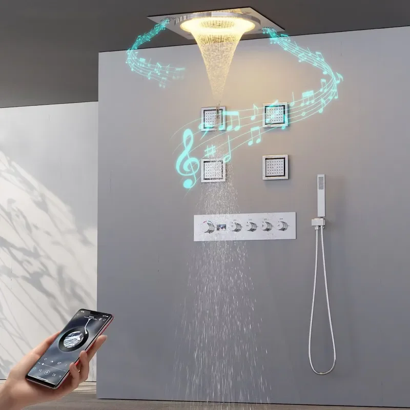 Smart LED Shower Set Bathroom Music Concealed Rainfall System Black Matte Wall Mounted Luxury Spa Home Hotel Decor Gift view 6
