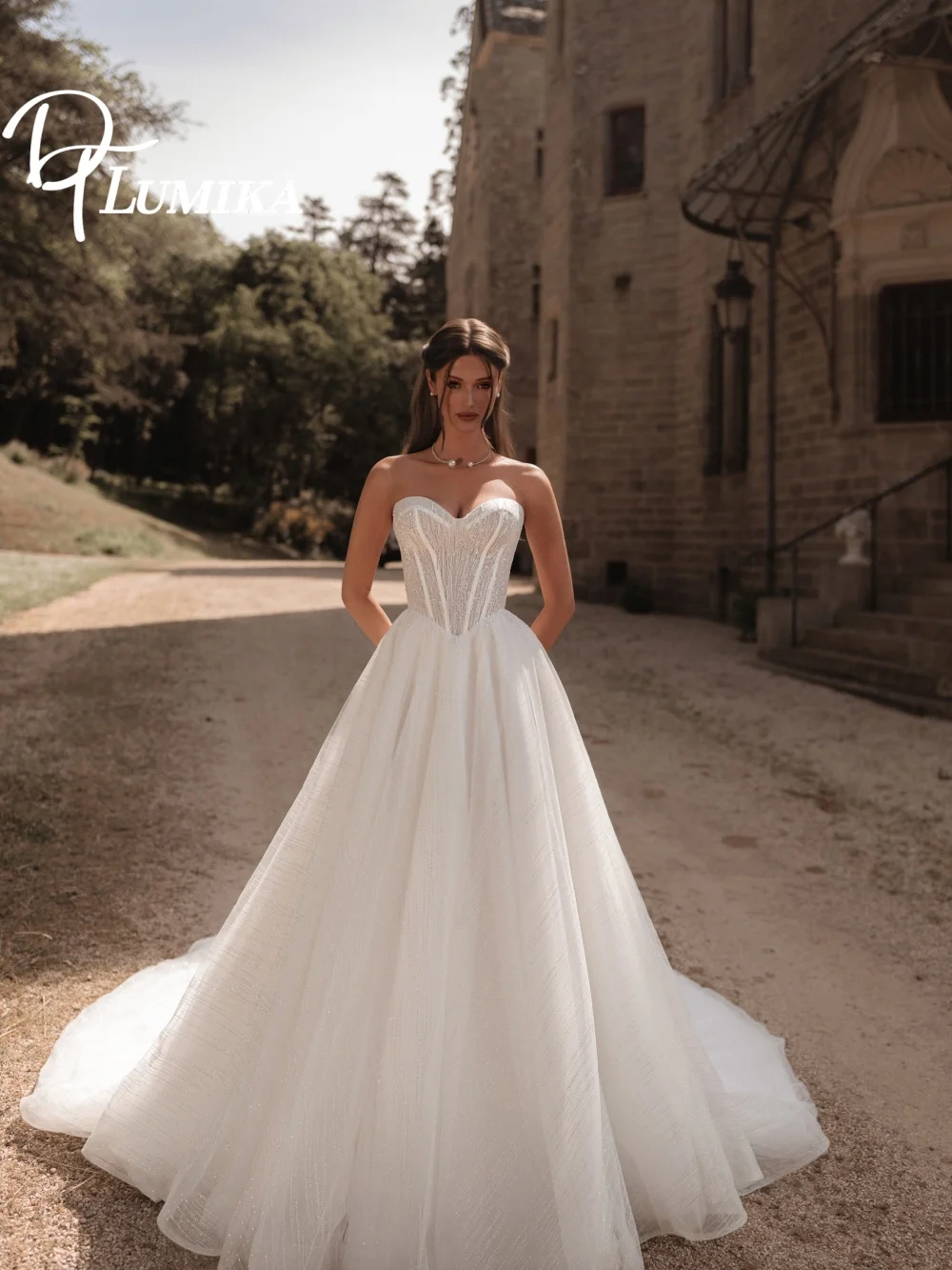 Nowoczesna suknia ślubna bez ramiączek, model 2026, romantyczna, błyszcząca suknia ślubna, modna suknia ślubna w kształcie litery A, długa do podłogi, suknia ślubna typu robe de.