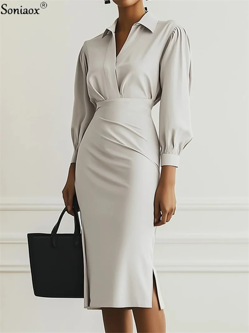 

2025 Autumn Women Fashion Solid Pleated Dresses Commuter Office Slim Waist Party Dress Ladies Elegant Long Sleeve Simple Robe
