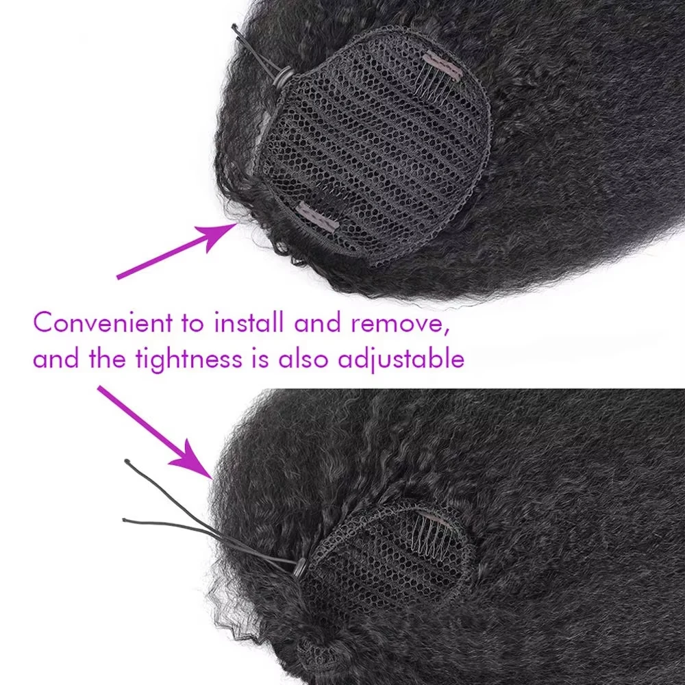 Kinky Straight Ponytail Human Hair Extension 100% Real Human Hair Wrap Around Drawstring In Ponytail Natural Black #1B For Women