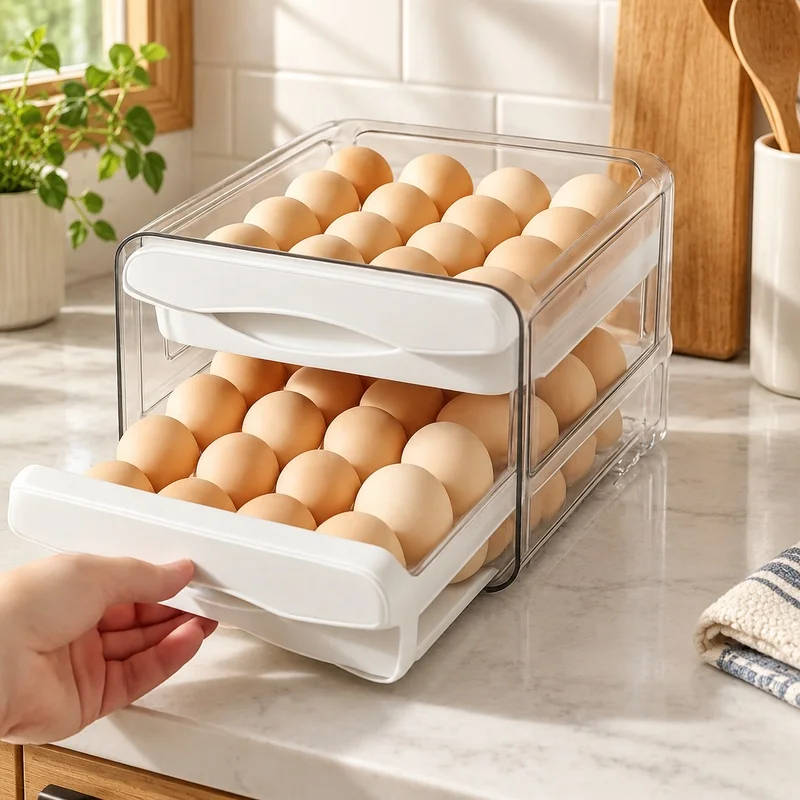 Two-Layer Plastic Egg Storage Container for Refrigerator with High Capacity and Organized Kitchen Use