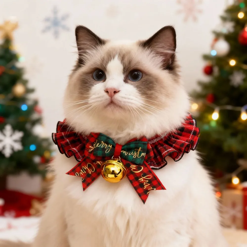 Christmas Pet Collar Cat Dog Lace Bow Bell Bib Cartoon Necklace Holiday Decoration Festival Party Dress Up Accessories for Pets