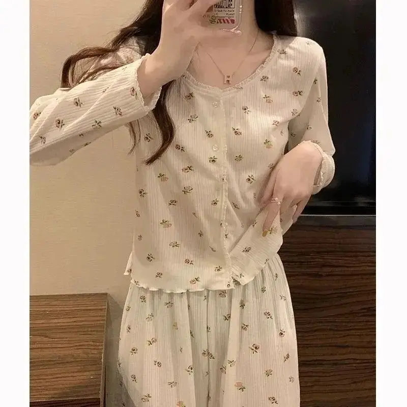 

Floral Women's Pajamas Autumn Sleepwear Korean Piiama O-neck Pants Sets 2 Pieces Night Wears Button Long Sleeve Home Suit 2025