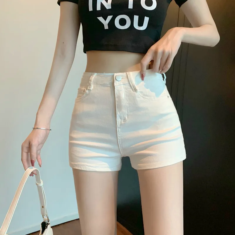 

High Waist Pure Color Denim Shorts Women's Summer Thin Elastic Slimming Tight Safety Pants Sexy Spicy Girl Butt Covering Hot ...