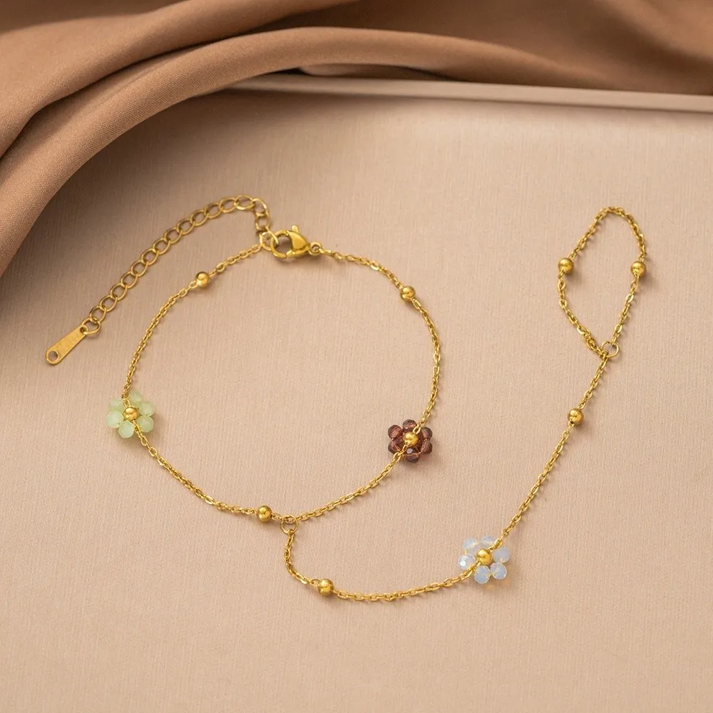 Stainless Steel Flower Bracelet Gold Color Flower Design Crystal Beaded Bracelet Finger Wrist Integrated Crystal Beaded