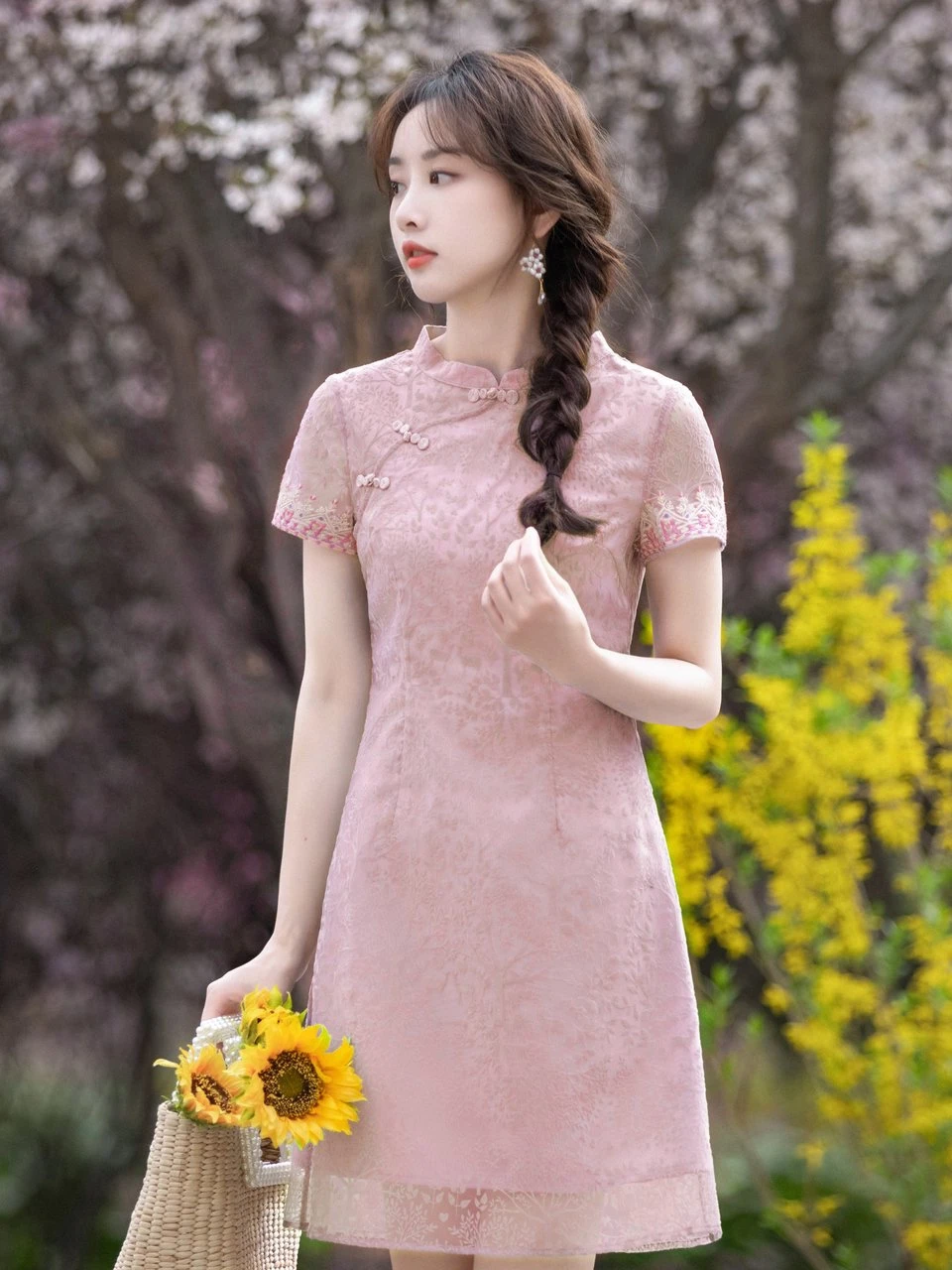 

Summer New Sle Small Size Women's Qipao Dr Flared Hem ort Sve Simple Design Pure Color Casual Wear No Slit