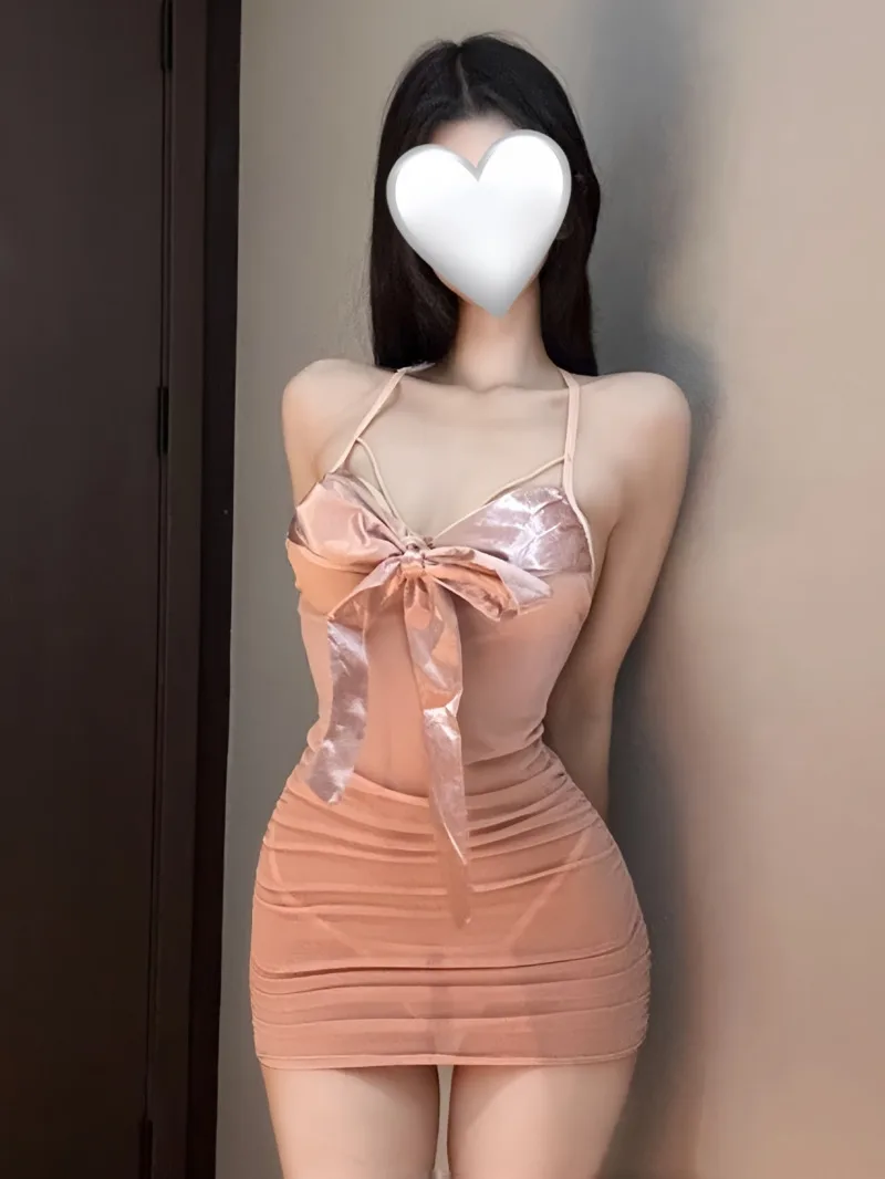 Plus Size Sexy Puro Desiderio Stile Bowknot Decorato Increspato Camicia da notte trasparente Petto-esposizione Tentazione Camicia da notte Abito dolce 6ENM