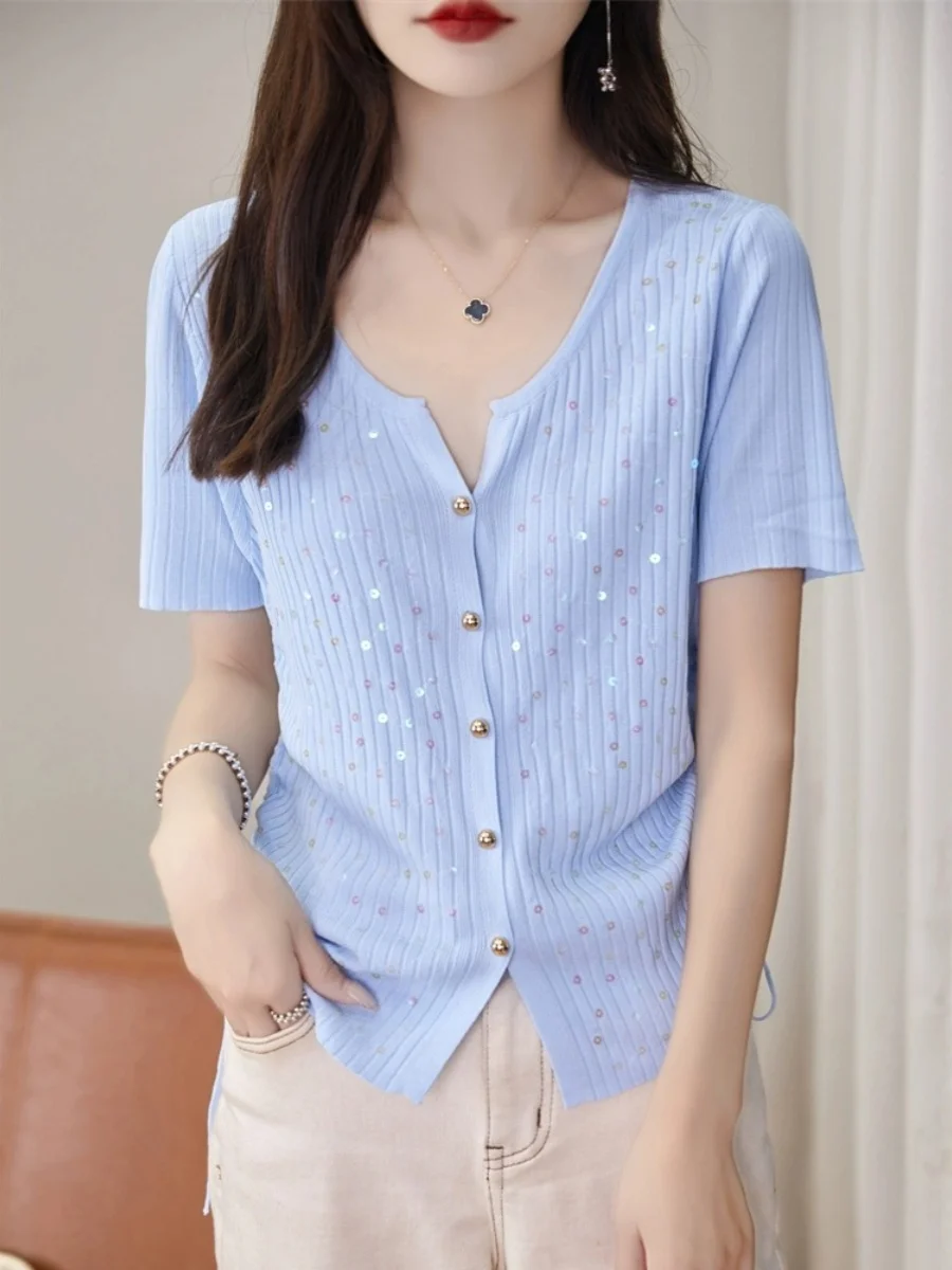 V-Ne Sottile Maglione Lavorato A Maglia di Seta del Ghiaccio Ortap delle Donne 2024 Nuovo Caldo di Estate Lavorato A Maglia Aperto Cardigan Top con Paillettes