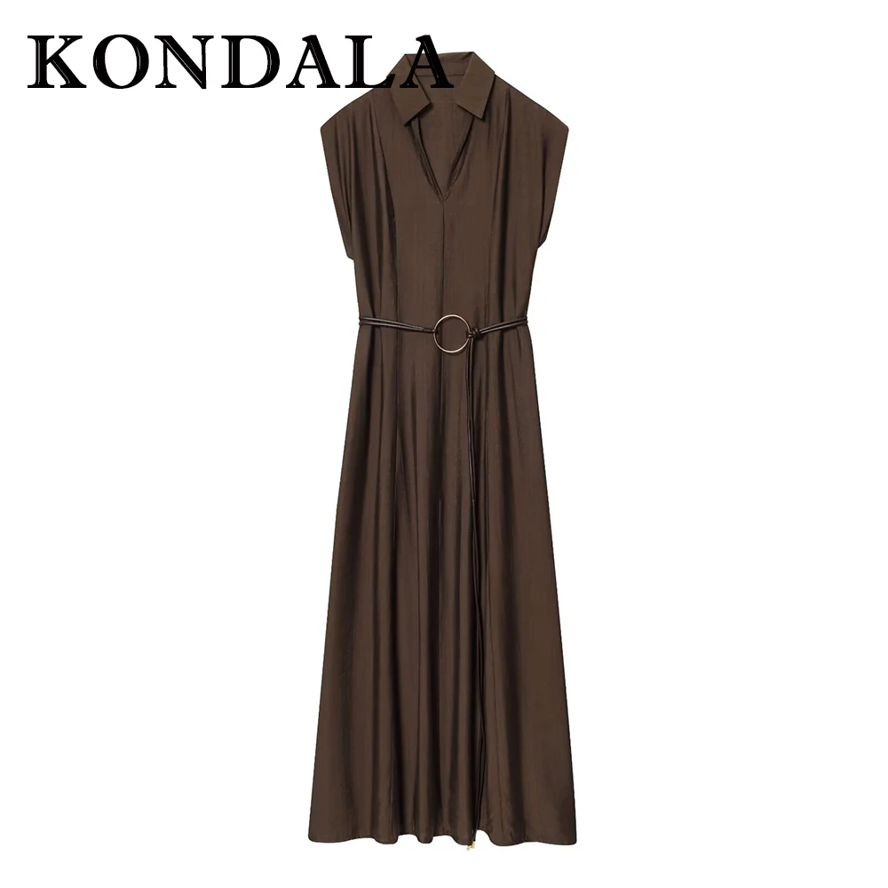 فساتين KONDALA Brown Chic لخريف 2025 للسيدات غير رسمية وشاحات بدون أكمام طويلة ثنيات فساتين نسائية عتيقة على الموضة