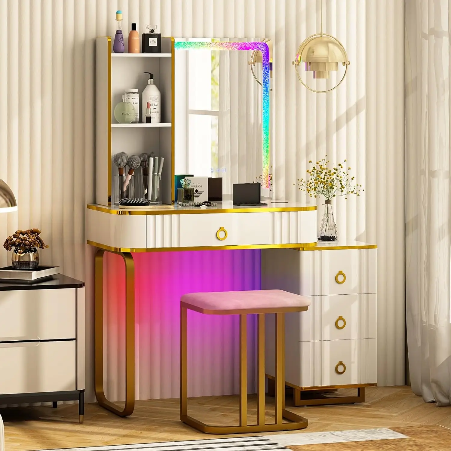 

RBG Vanity Desk with Lights and Mirror, 7 Dynamic & 7 Static Modes, White Makeup Vanity Table with 3-Drawer Chest, 3 Shelves