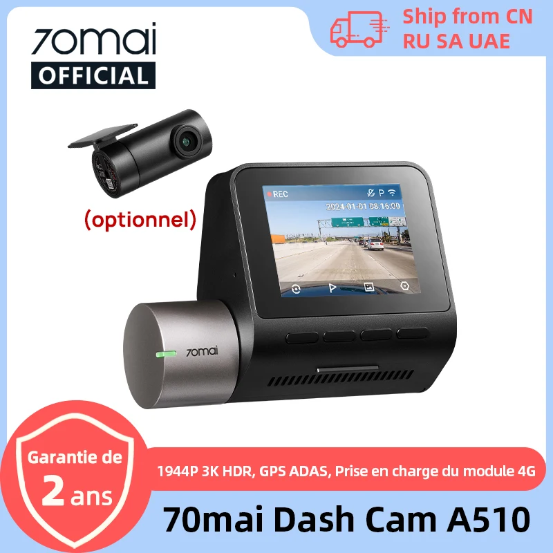 70mai Dash Cam A510 1944P HDR GPS ADAS 4G connectivité 70mai 4G caméra avant A510 voiture DVR 24H Support de stationnement caméra arrière