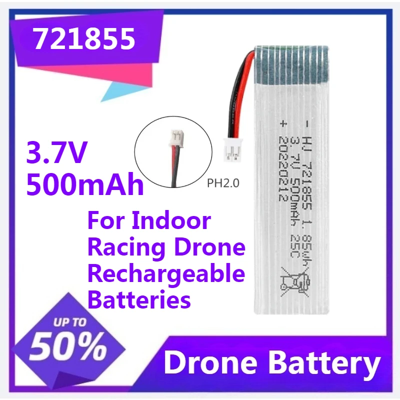 

721855 Drone Battery for Indoor Racing Drone Rechargeable Batteries with PH2.0 Plug 3.7V 500mAh