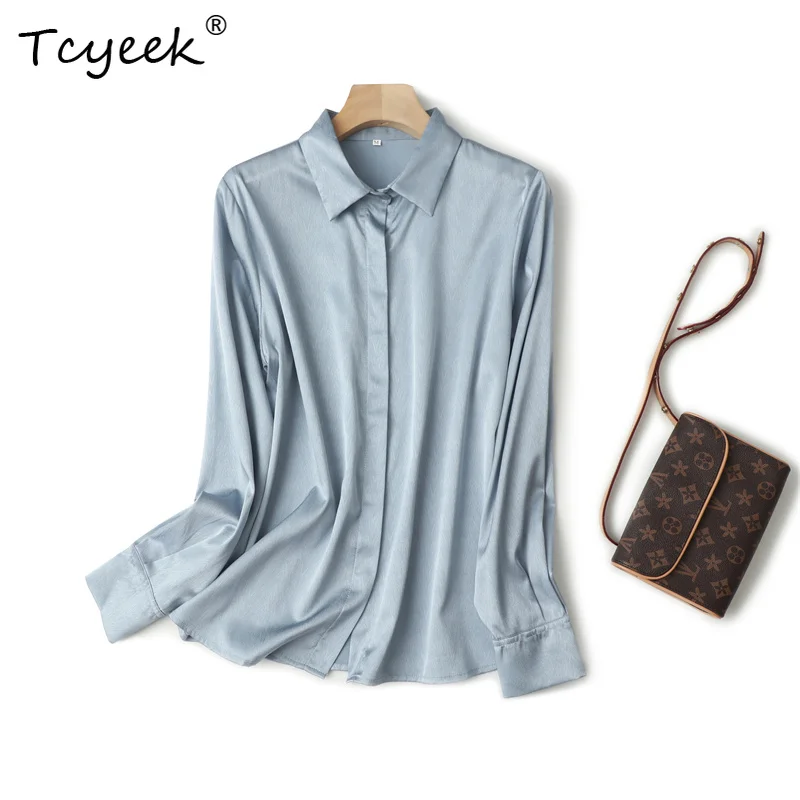 

Tcyeek 93% Mulberry Silk 7% Spandex Spring Summer Solid Color POLO Collar Long Sleeved Women's Shirts Женская Одежда חולצותנשים