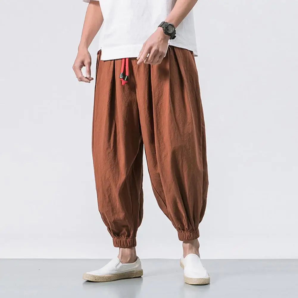 

With Elastic Fitted Ankles Pants Daily Wear Men Harem Pants Drawstring Waist Baggy Drop Crotch Trousers Casual Loose Trousers