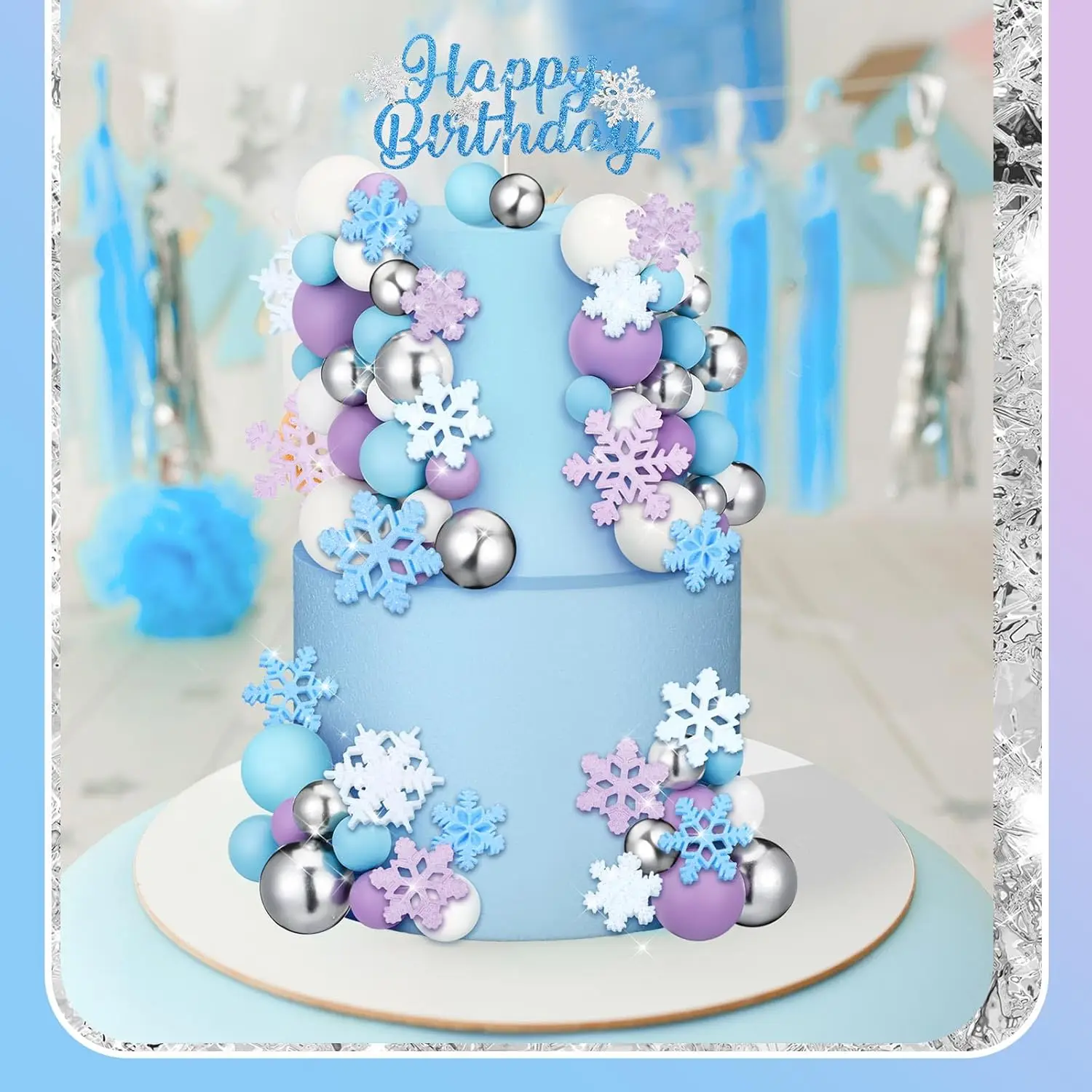 Schneeflocken-Kuchenaufsatz, alles Gute zum Geburtstag, Kuchenaufsatz, mehrfarbige Kugeln, Kuchendekorationen für Weihnachten, Neujahr, Winterparty – Detail 4