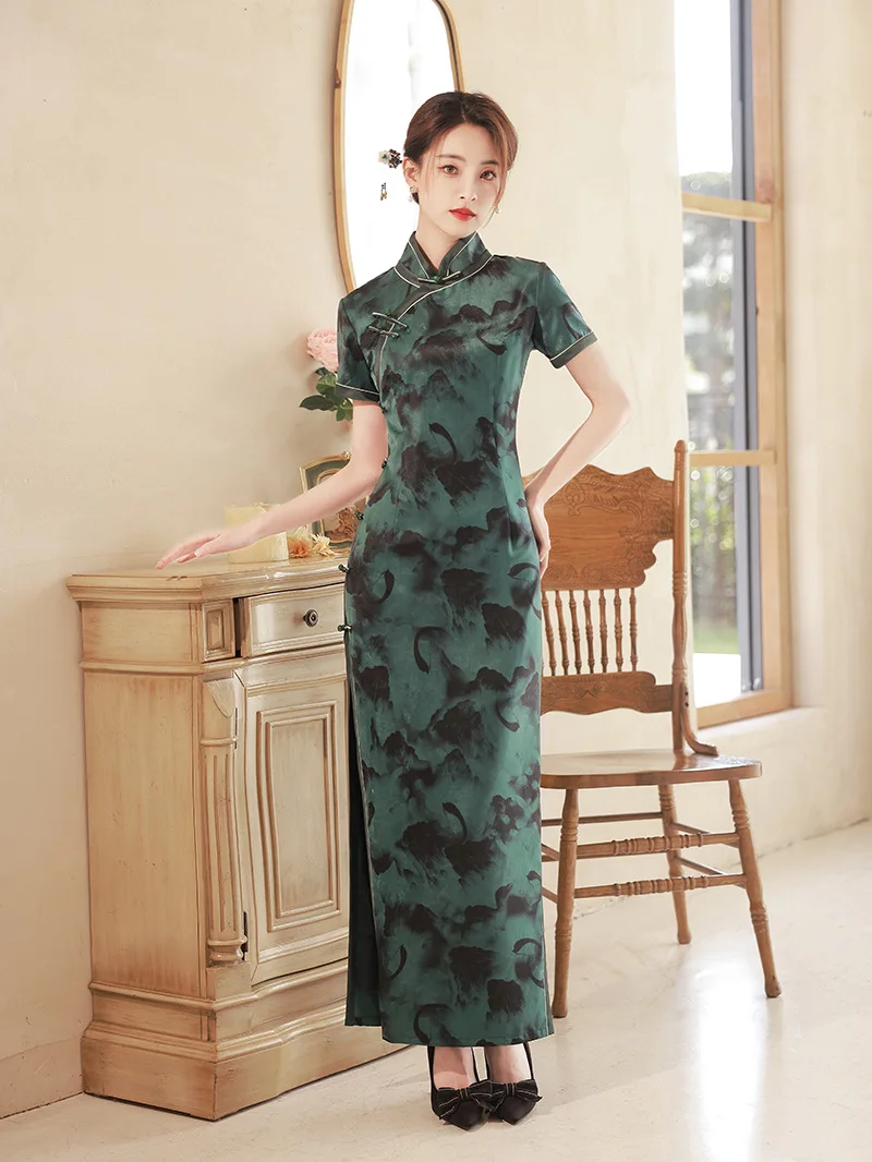 

Chinese Style Green Print Mandarin Collar Qipao Classic Women Satin Oriental Short Sleeve High Split Cheongsam