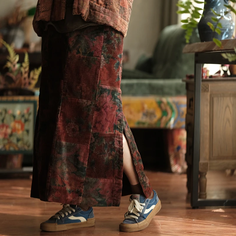 100% 면 코듀로이 캐주얼 스커트 여성 신상품 2025 가을 빈티지 스타일 플로럴 프린트 여성 A라인 롱 스커트 M2033