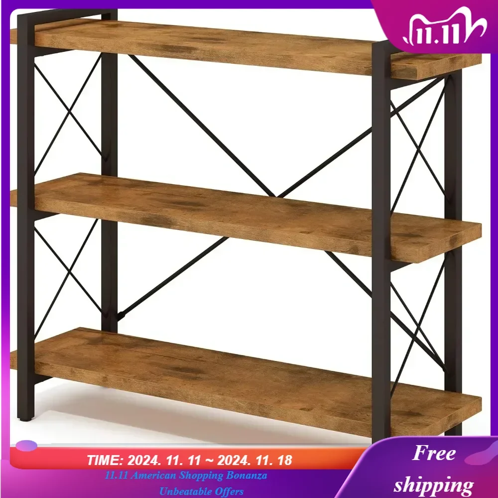 

Bookshelf, 3-Tier Industrial Bookcase, Rustic Open Book Shelf, Wood and Metal Horizontal Bookshelves