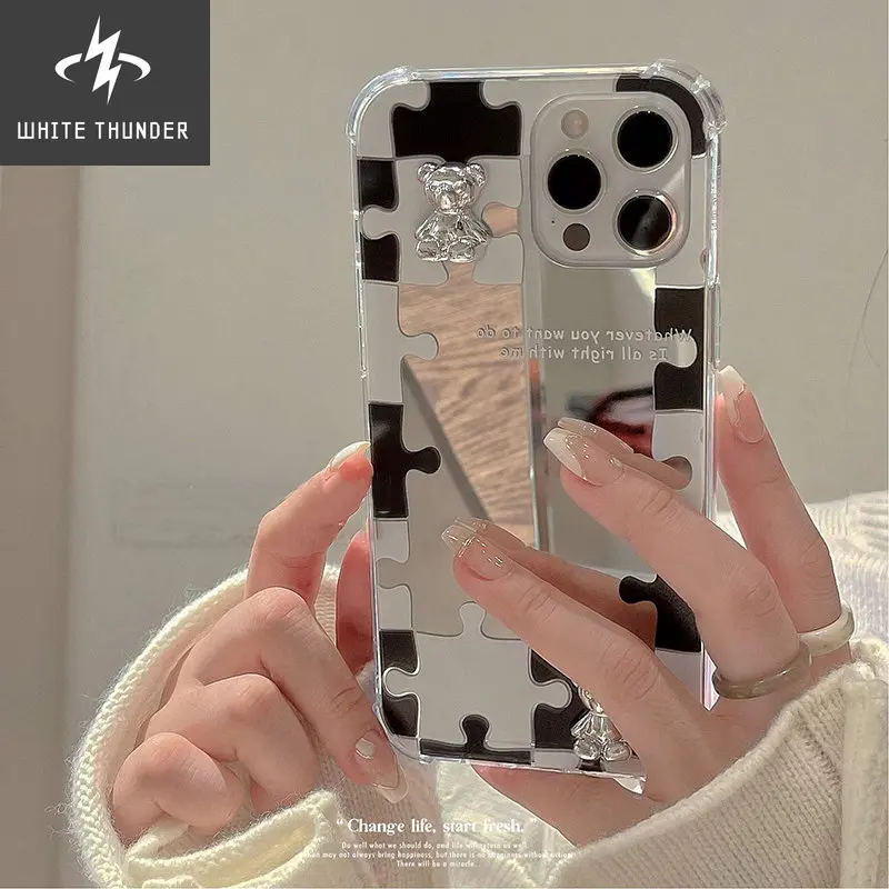 Japan Korean Mirror Puzzle 3D Silver Bear Soft Case For IPhone 7 8 Puls X XR XS 11 12 13 Pro Max Lovely Protective Back Cover