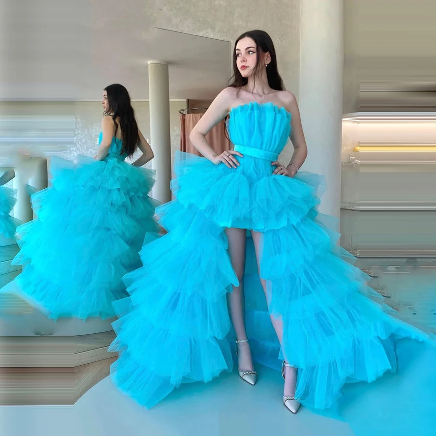 สูงต่ำ Tulle Prom Dresses ไม่มีที่สิ้นสุดแขนกุด Ruched Tulle ยาวชุดออกงานกลางคืนผู้หญิงอย่างเป็นทางการ Party เสื้อคลุม De Soirée