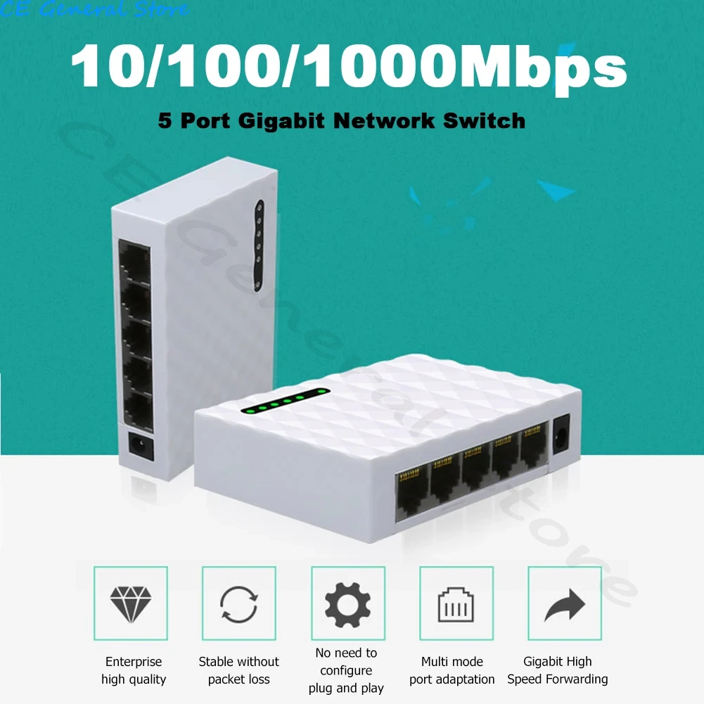 5 Port 1000Mbps Gigabit Network Switch Ethernet Smart Switcher High Performance RJ45 Hub Internet Splitter Plug and Play