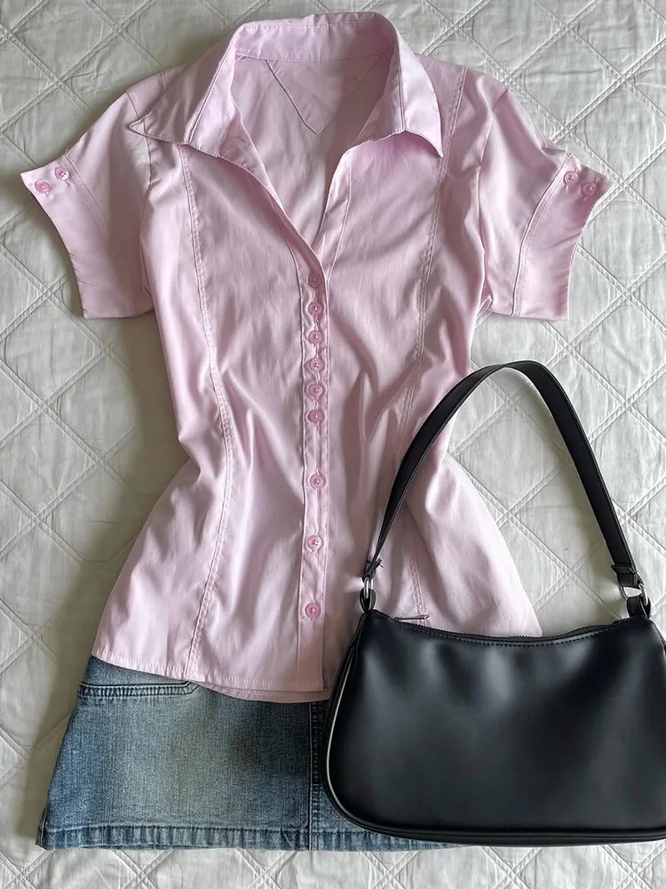 

Original Unique Beautiful Pink ort Sve irt f Sp Girl Summer Slimming Top Korean Sle Button up Cotton Blend