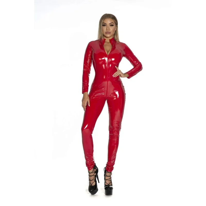 Plus Size Women Sexy Latex Catsuit Black Full Bodysuit Jumpsuit Faux Leather Costume