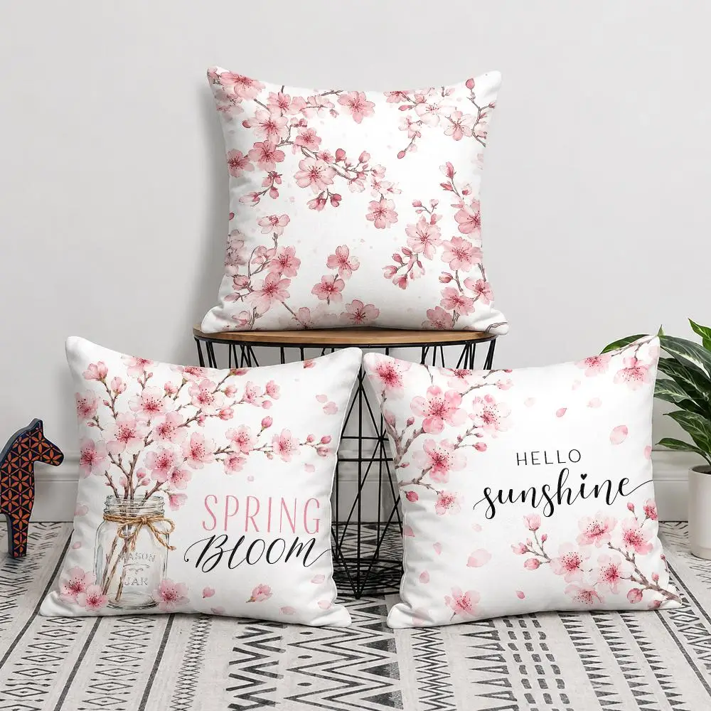 Cherry Blossom Joy Pink Cushion Cover Silky Short Plush Invisible Zipper Dustproof Sofa Pillow Case For Home Decor