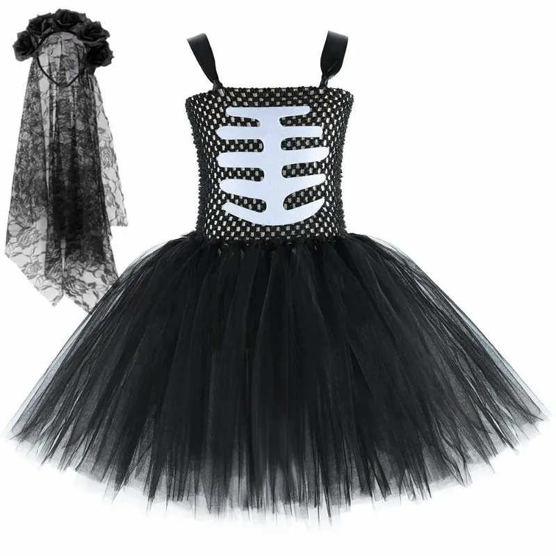 Girls' Multi-Layer Tulle Tutu Dress with Skull Pattern Horror Outfit,  Perfect for Halloween Clothes and Stage Performances