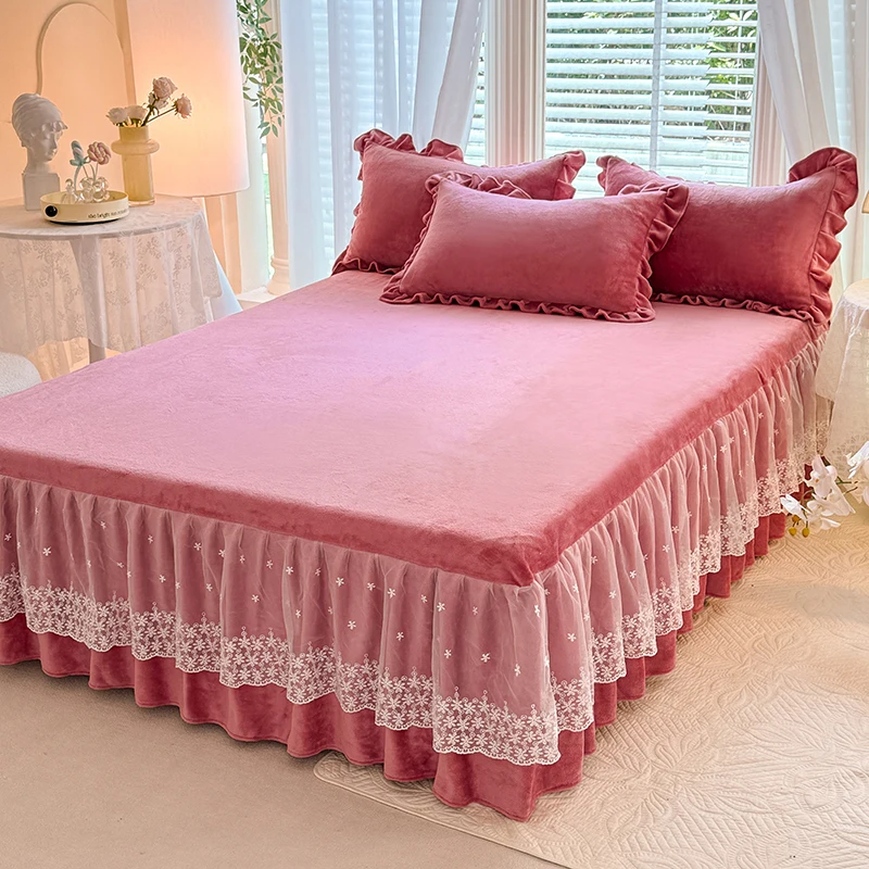 Bonenjoy Warm Bed Cover Ruffles Bed Linen Skin-friendly Bed Skirt Winter Bedding Home Bedspread falda de cama (No Pillowcase)