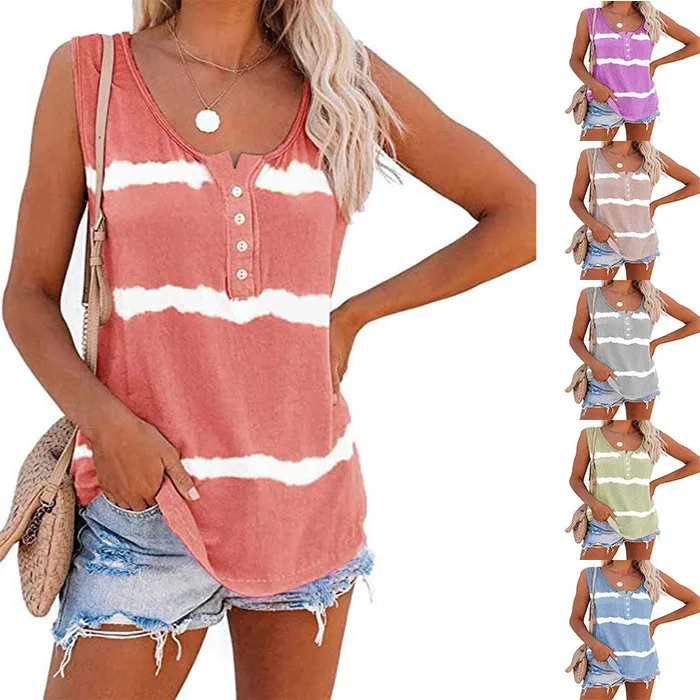 Summer Clothes Tank Top Women Striped Print Loose Fit Vest Button Front Round Neck Sleeveless Top Cotton Blend Pink Camisole