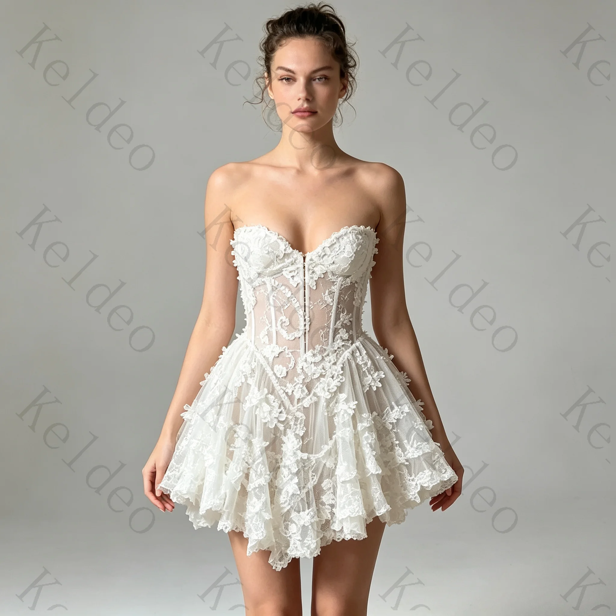 Customized Elegant Sweetheart A-line Sleeveless Wedding Dresses 3D Floral Lace Applique Ruffle Mini Length Open Back Bride Gowns