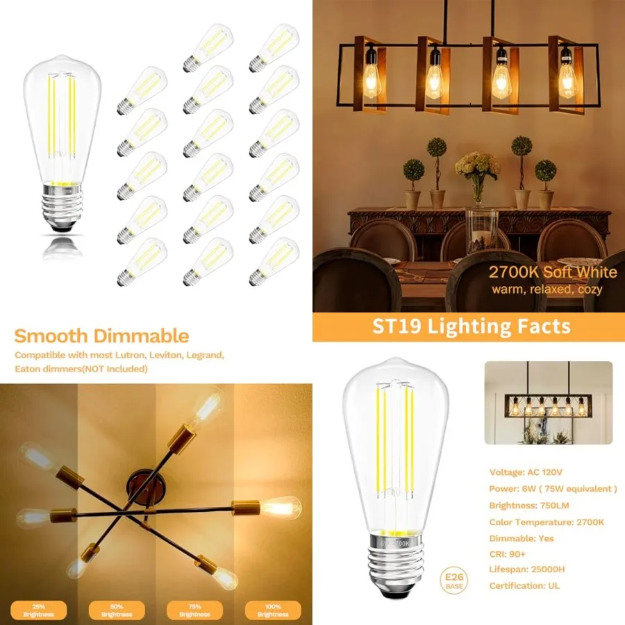 

Edison Bulbs E26 Medium Base, 750LM ST19 Vtage LED Filament Bulb Clear Glass, Equivalent 75W Dimmable Lights Bulb 90+ CRI for C