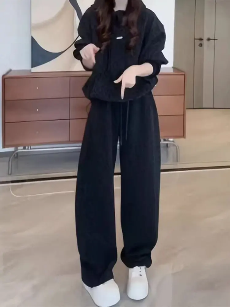 

Шикарный свободный свитшот и брюки прямого кроя, комплект из двух предметов для женщин, корейский стиль, зимний повседневный модный нарядный ансамбль