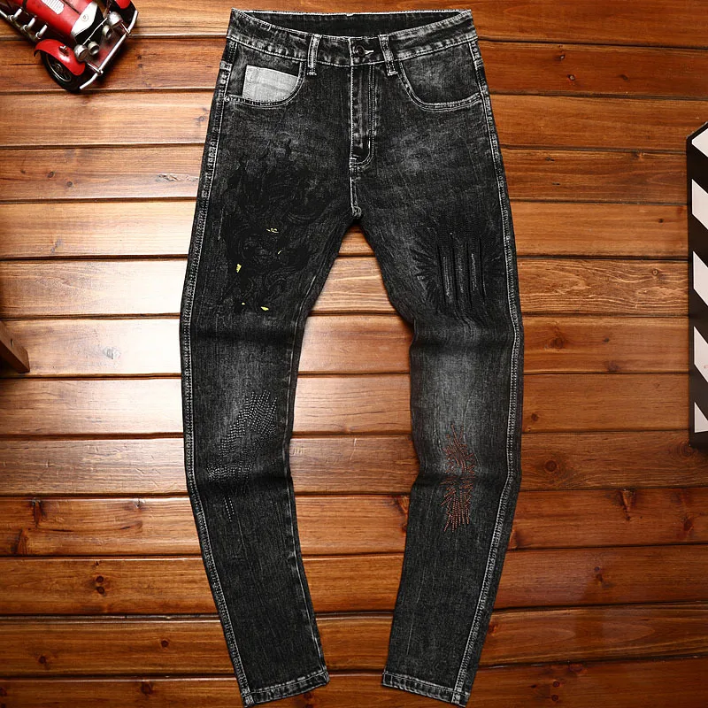 Personal isierte bestickte bedruckte schwarze Jeans Herren Frühling Skinny Tap pered Hosen elastischen Trend lässig Herbst und Winter lang