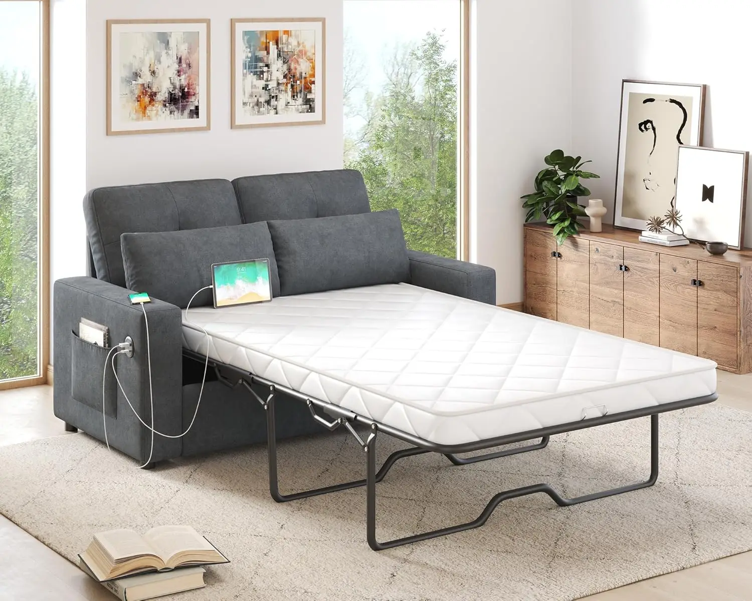 AMERLIFE Pull Out Sofa Bed, Sleeper Sofa with USB/Type-C Charging Port, Convertible Couch Bed with Memory Foam Mattress,