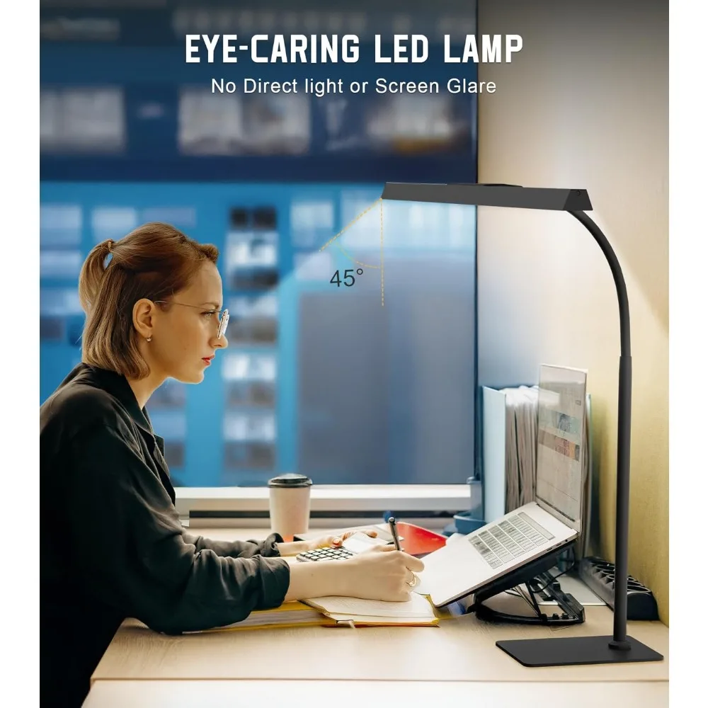 Lámpara de escritorio LED para el cuidado de los ojos con control táctil y cuello de cisne ajustable para oficina en casa, adaptador USB de 12W