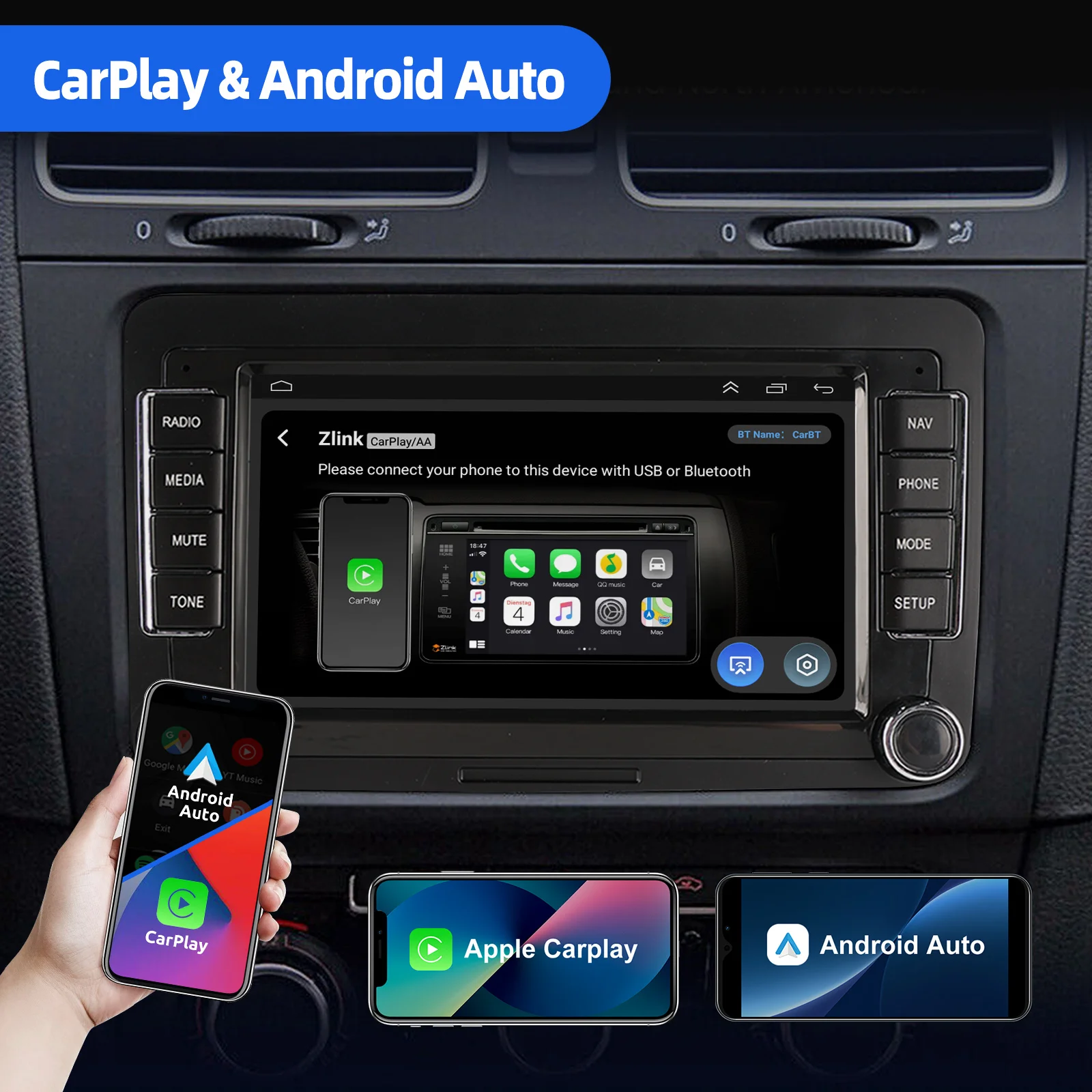 ESSGOO Android 15, Radio para Auto de 7 Pulgadas, 4+64 GB / 6+128 GB para VW Golf 5 6 Passat Polo 6R Touran Tiguan Caddy EOS Jetta Seat Skoda, CarPlay Inalámbrico, Android Auto, Navegación GPS, RDS, FM, Bluetooth, Mirror Link, Pantalla Táctil 3