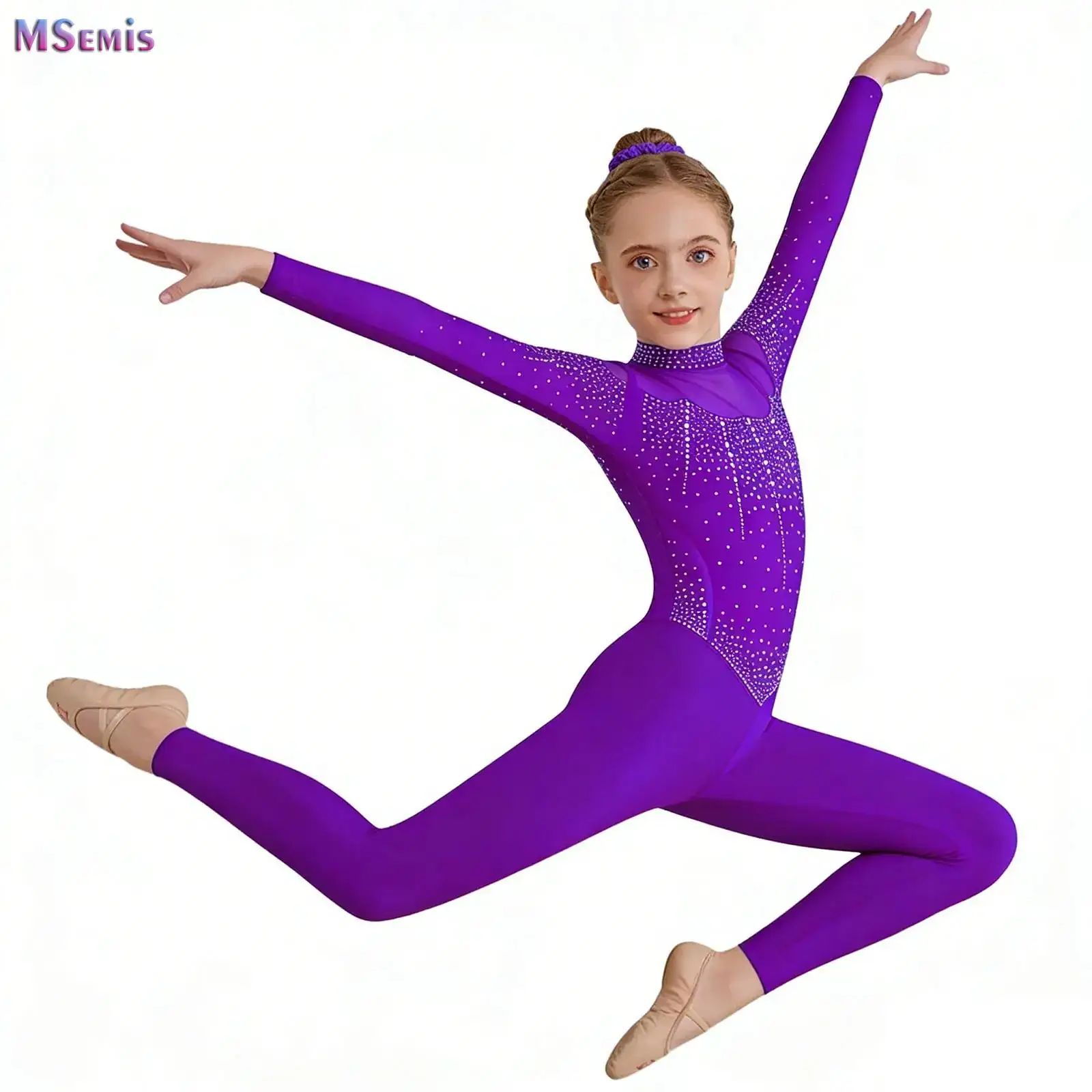 

Kids Girls Shiny Rhinestones Ballet Dance Full Body Leotard Long Sleeve Jumpsuit Stage Figure Skating Dance Bodysuit+Hair Band