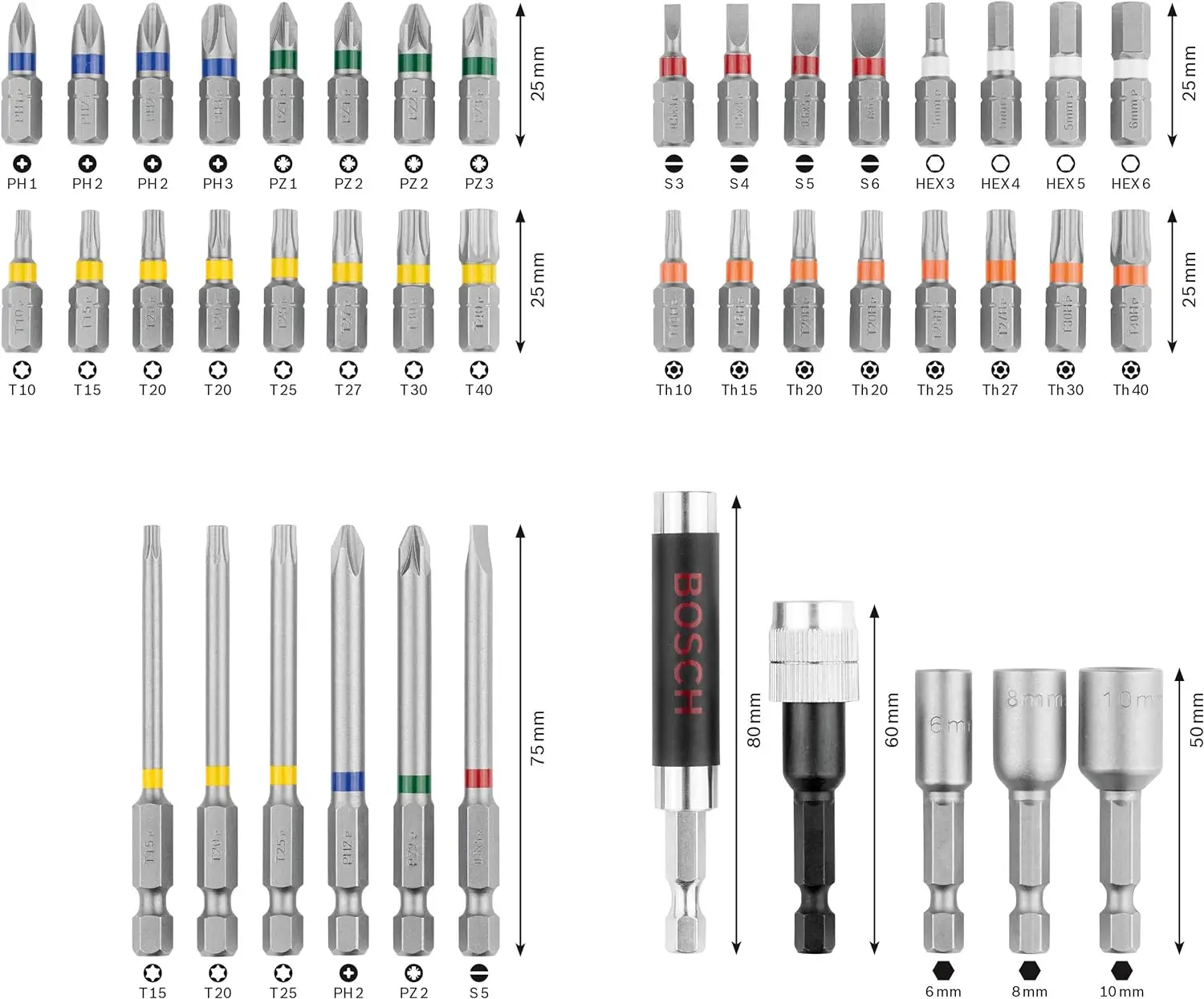 Imagem -03 - Bosch-bits de Fenda Elétrica Kit Rainbow Alta Dureza Parafuso de Broca Manual 25 mm 75 mm Bits para Ferramentas Elétricas 43 Peças