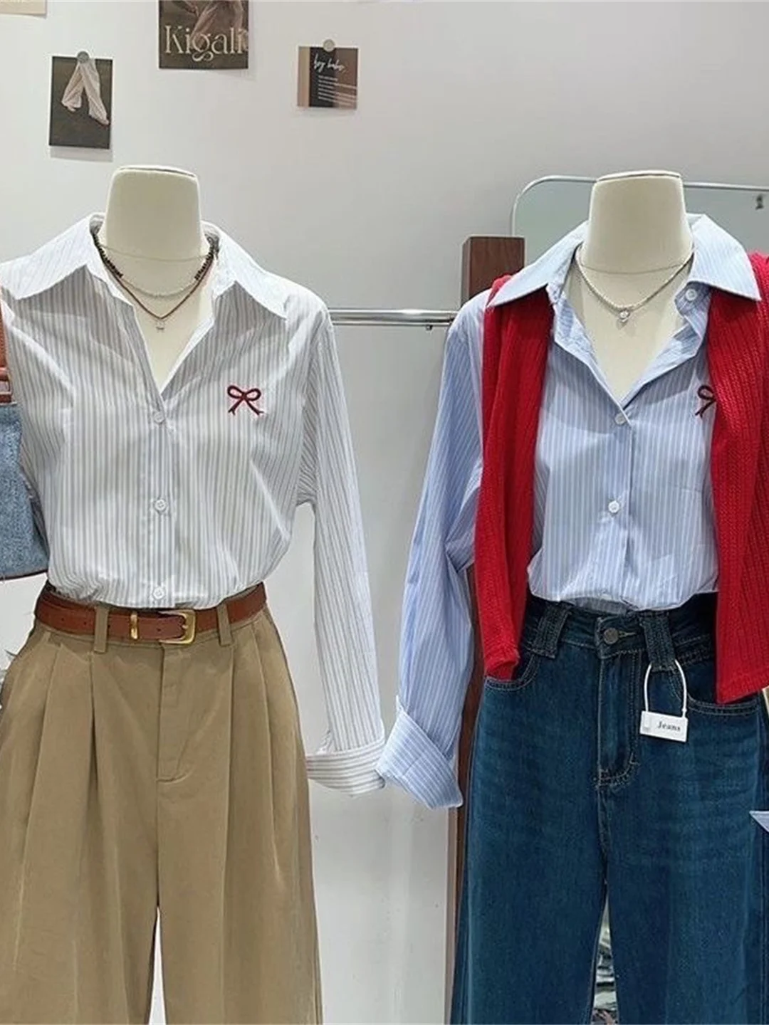 

Blue Loose Long Sve Striped irt Women's Spring Autumn Outerwear Lazy Top High-End Unique French Sle Casual Dr irt