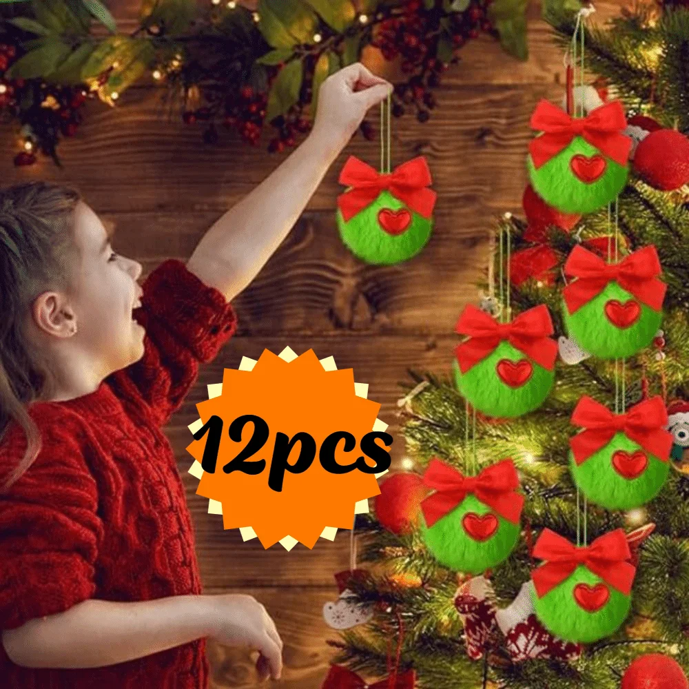 

12Pcs Furry Christmas Green Elf Ball 6cm DIY Christmas Tree Hanging Decoration with Bow and Heart Soft Xmas Tree Pendant Party