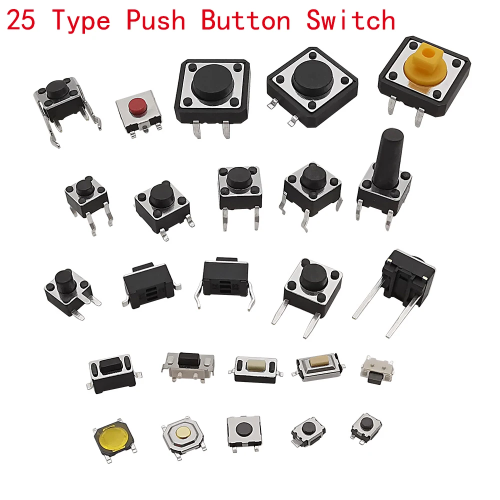 125Pcs 25 Types Touch Switch Micro Push Button Switches Assorted Kit 2*4 3*6 4*4 6*6 12*12mm for TV Toys Home Usee Use DIY