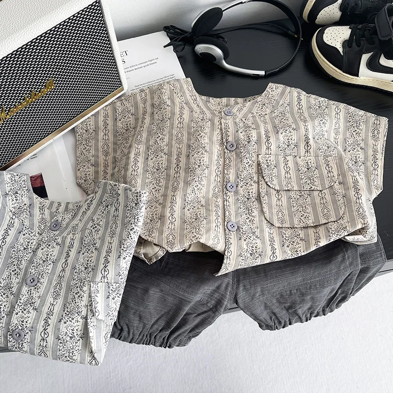 

Комплекты одежды для мальчиков, лето 2026: хлопковые рубашки и шорты (2 предмета), модный костюм для малышей, детские спортивные костюмы для детей 4-5 лет