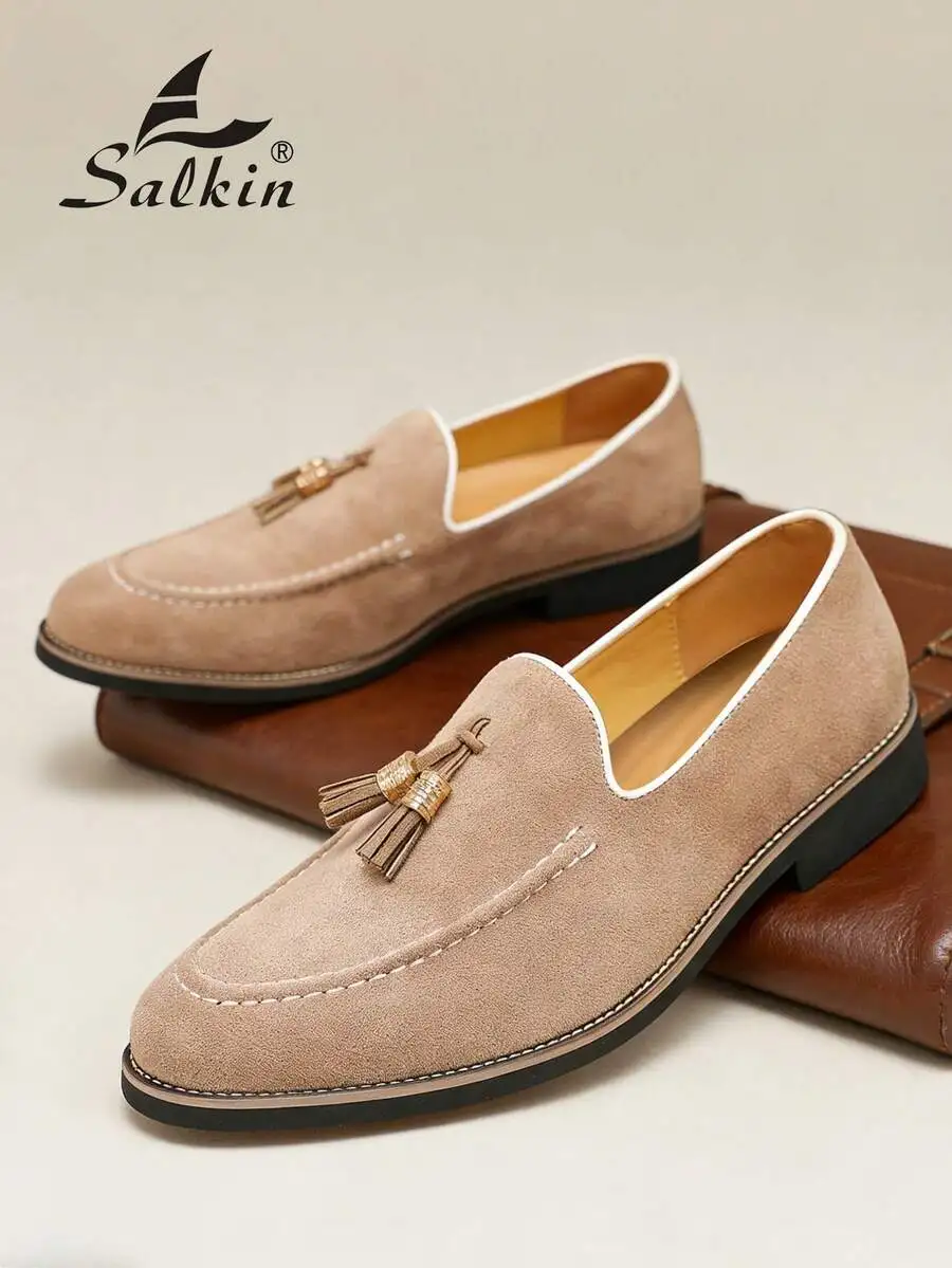 

Salkin Retro Tassel Loafers, faux suede slip-on formal dress shoes, minimalist business wedding groom shoes, runs large