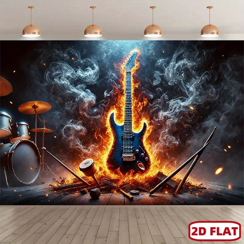 Burning Electric Guitar Tapestry, Rock Band Drum Set Art, Heavy Metal Wall Hanging, Musician Room Decor,  Stage Backdrop