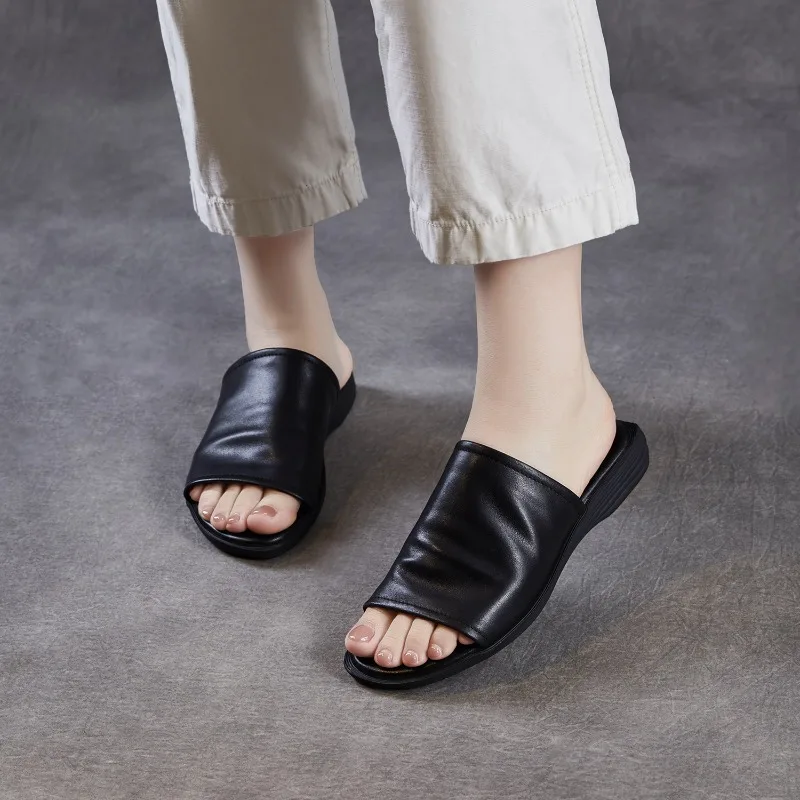 

Soft Cowhide Women's Fashion Slippers Luxury Genuine Leather 2026 Summer Handmade Quality Comfortable Outdoor Social Shoes Woman
