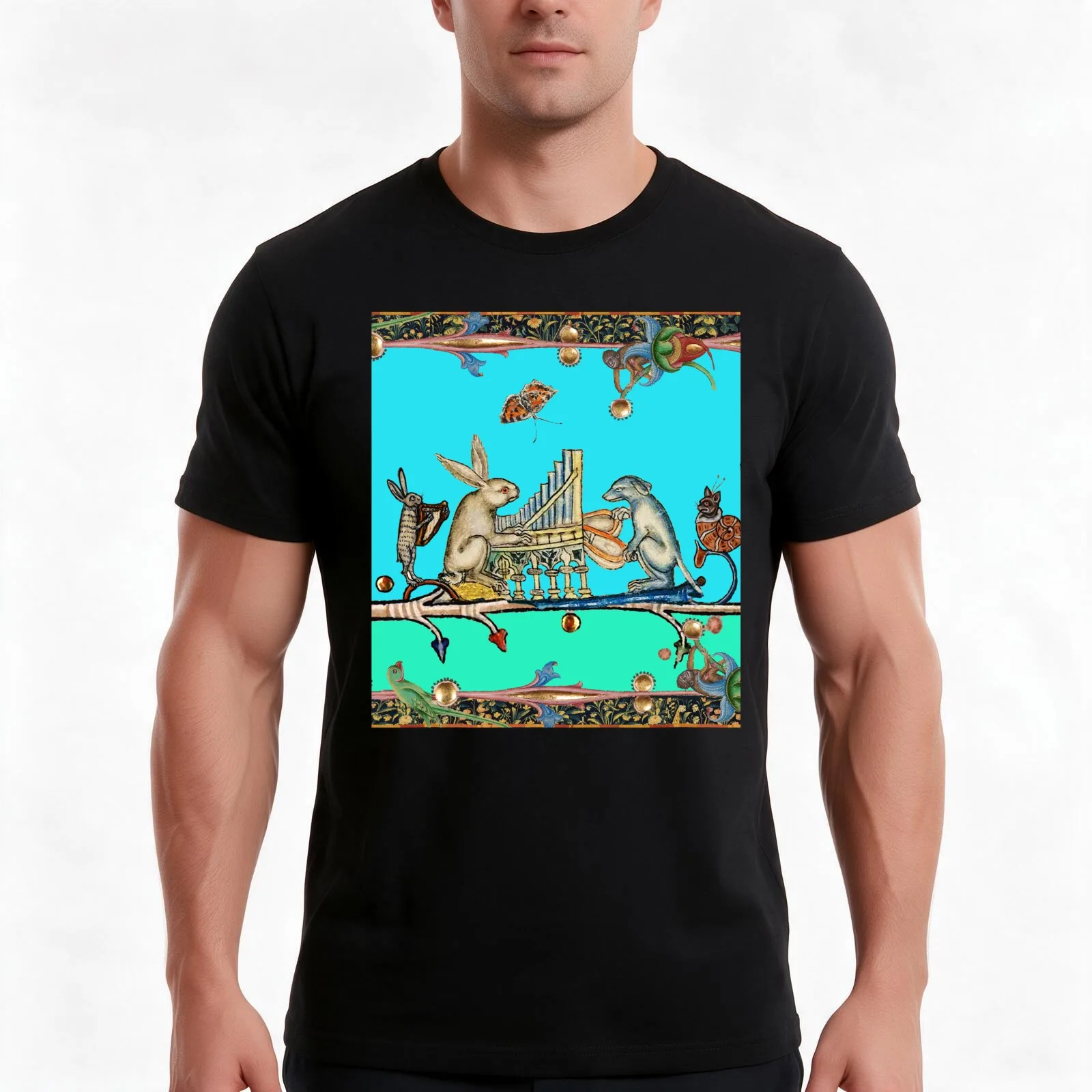 WEIRD MEDIEVAL BESTIARY MAKING MUSIC,White Rabbit And Dog Playing Organ Harpist Hare Snail Cat in Blue T-Shirt 100% Cotton