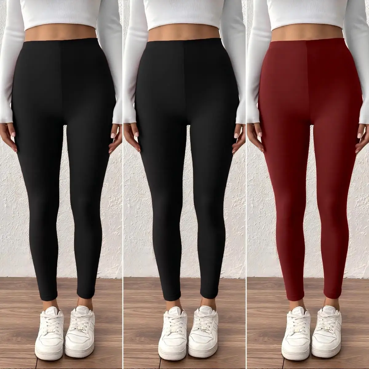 กางเกงเลกกิ้งผ้าฟลีซเนื้อนุ่มยืดหยุ่นสูง สีพื้น 3 ชิ้น สำหรับฤดูหนาว กางเกงขายาวผู้หญิง อุ่นสบาย สไตล์สตรีท หนาพิเศษ